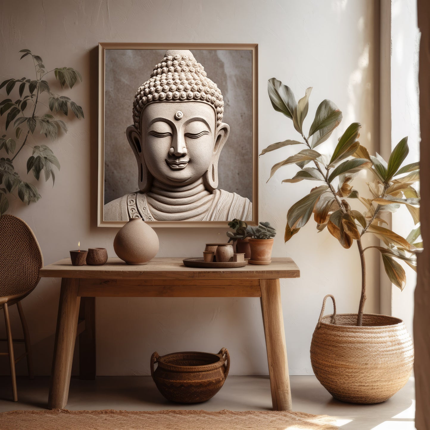 Smiling Buddha - Modern Zen Printable Wall Art Decor, 3D-Effect Stone Mural Illusion, Wellness Home Decor, Instant Download Digital Print