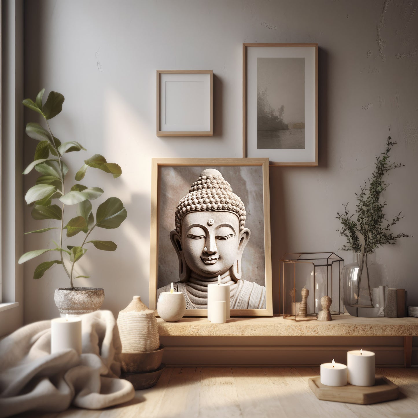 Smiling Buddha - Modern Zen Printable Wall Art Decor, 3D-Effect Stone Mural Illusion, Wellness Home Decor, Instant Download Digital Print