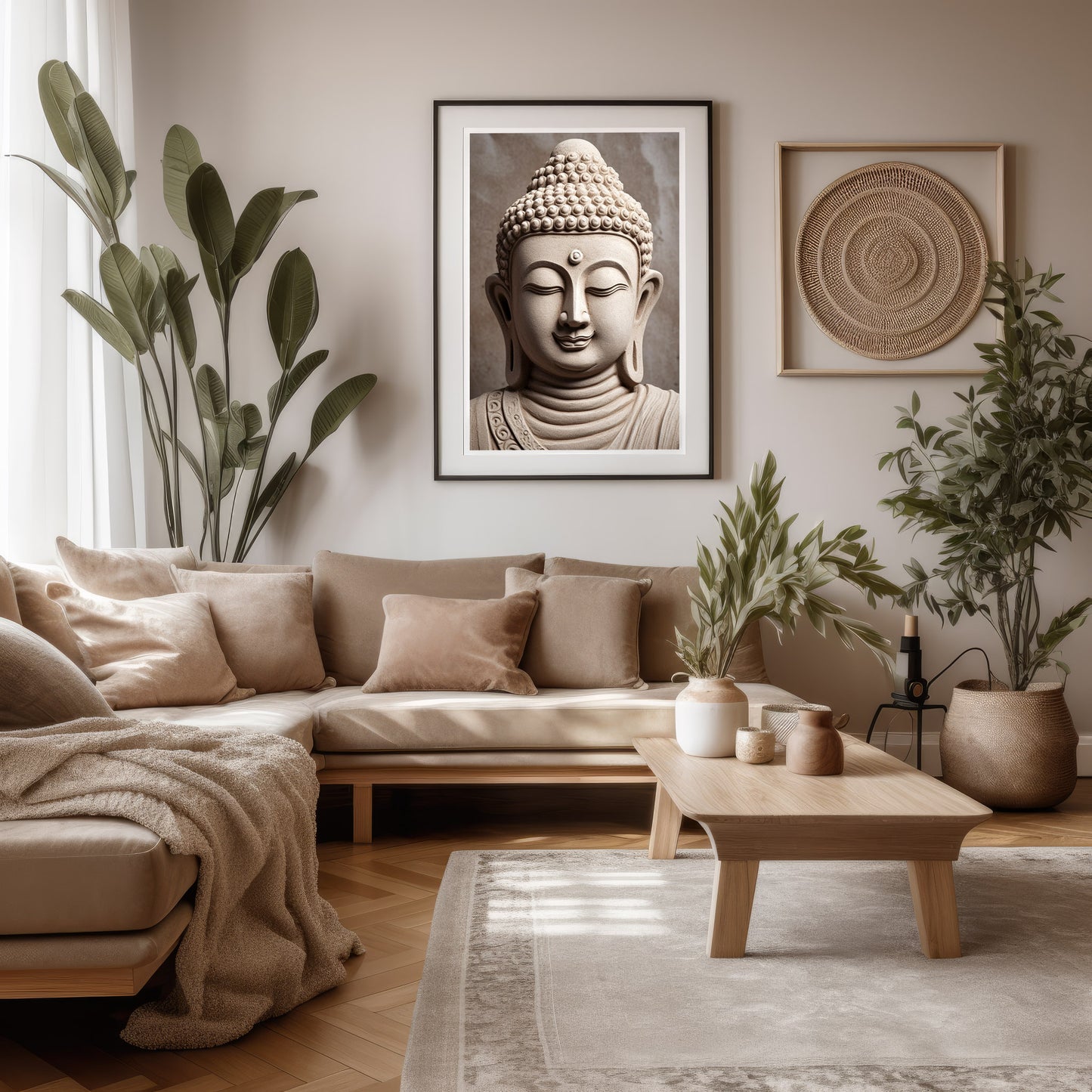 Smiling Buddha - Modern Zen Printable Wall Art Decor, 3D-Effect Stone Mural Illusion, Wellness Home Decor, Instant Download Digital Print