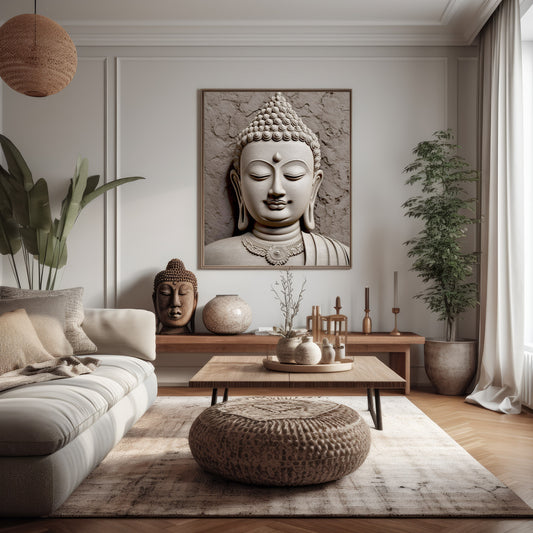 Listening Buddha - Zen Printable Wall Art Decor, 3D-Effect Stone Mural Illusion, Meditation Minimalist Spiritual Art Instant Download  Print