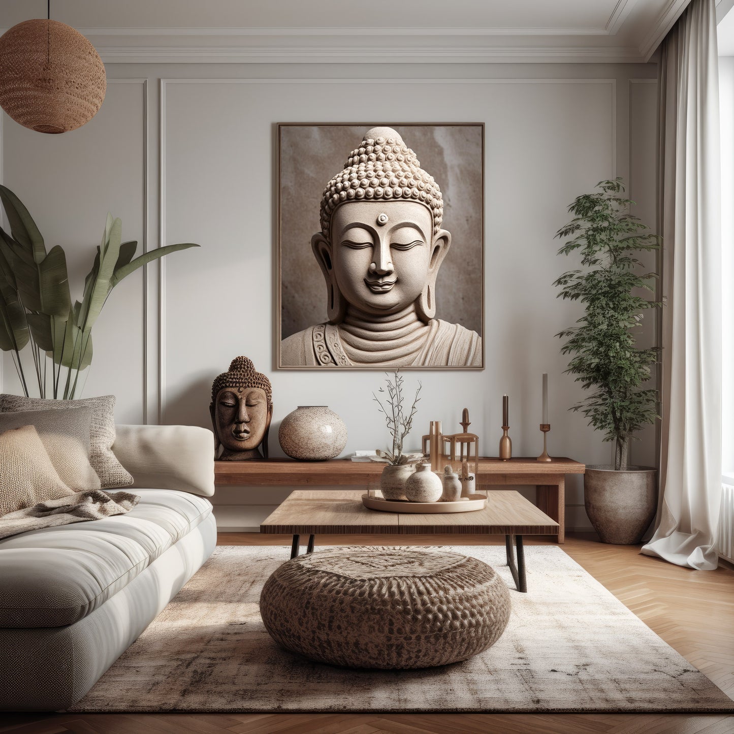 Smiling Buddha - Modern Zen Printable Wall Art Decor, 3D-Effect Stone Mural Illusion, Wellness Home Decor, Instant Download Digital Print