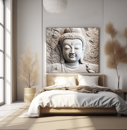 Amused Buddha - Printable Boho Wall Art Decor, 3D-Effect Stone Mural Illusion, Buddhist Minimalist Spiritual Zen Art, Download Digital Print